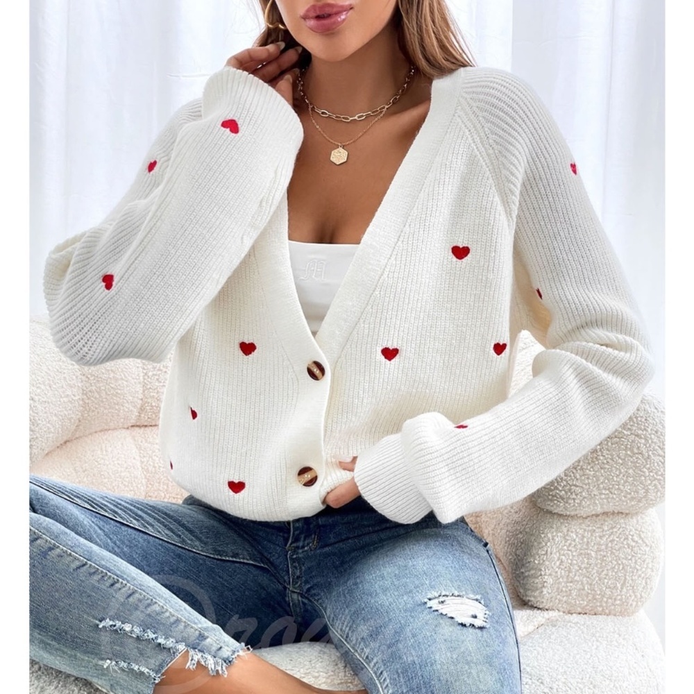 Red Hearts on Cream Knit Cardigan Oversized Long Sleeve Buttons Embroidered